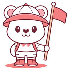 Teddy Bear Character with Hat Holding a Red Flag on White Background Mascot