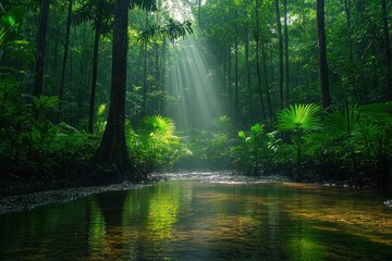 Obraz premium Lush rainforest creek. Sunlight streams through canopy