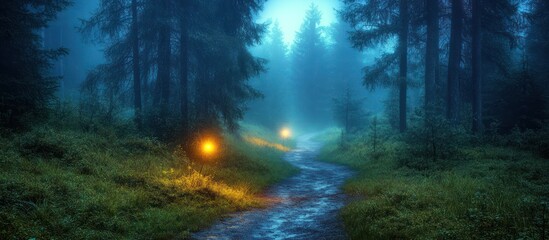 Misty Forest Path at Night