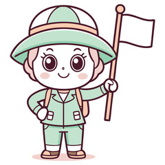 Smiling Cartoon Girl Holding White Flag with Pale Green Safari Outfit