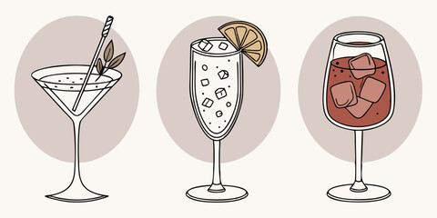 Cocktail Drinks Martini Mimosa Wine Line Art Beige Background