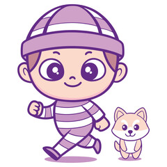 Cartoon Young Asian Boy Walking with Striped Clothes and Shiba Inu Dog