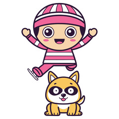 Joyful Cartoon Girl Skating with Dog on White Background,
