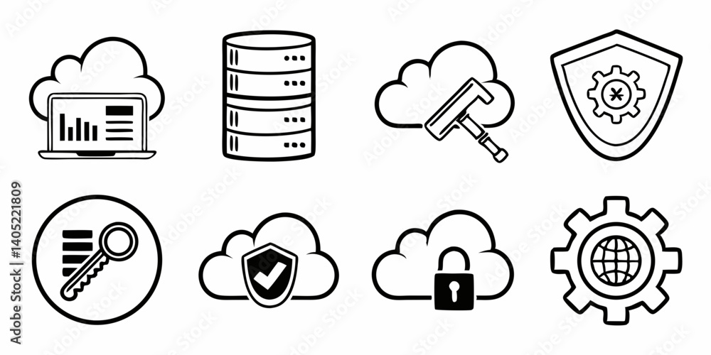 Aufkleber black & white cloud tech icons set vector illustration network data security server