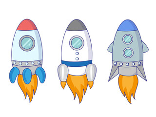 Cartoon space ship set. Cute kids illustration. Cosmos and transport. Book illustration