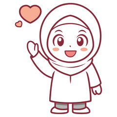 Cartoon Muslim Girl in Hijab Waving Hand with Heart Shapes on Transparent Background