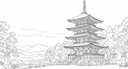 Black and White Line Art Japanese Pagoda