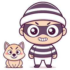Cartoon Burglar in Striped Outfit with Dog on Transparent Background
