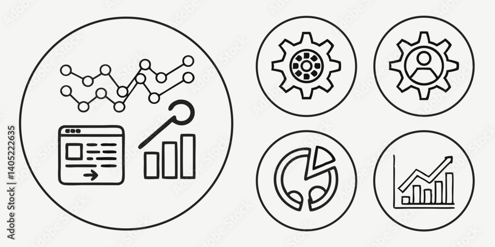 Poster business data analysis statistics icons set charts gears website vector outline line art
