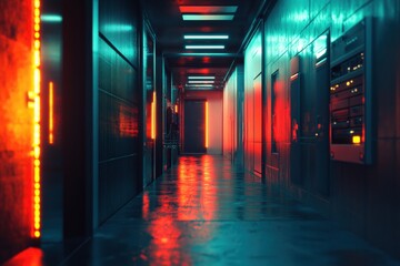 Futuristic server corridor bathed in vibrant neon lights.