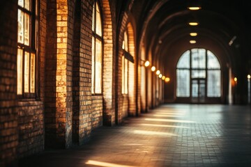Obraz premium Sunlight streams through arched windows in a historic brick corridor.