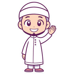 Cartoon Muslim Boy Character Waving Hand Wearing Traditional Turban, White Clothes