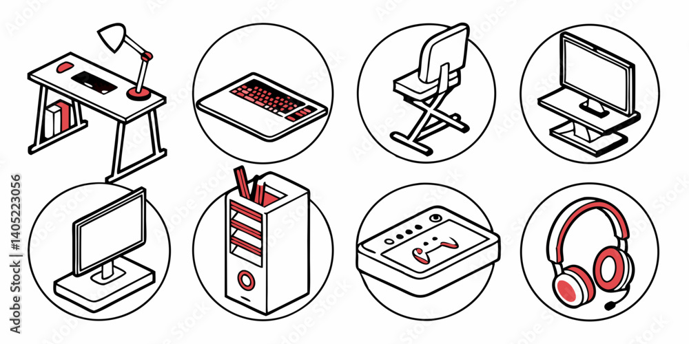 Poster isometric computer setup icons desk chair monitor keyboard headphones game console pc tower lamp red
