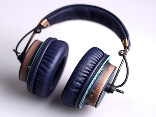 Luxurious overear headphones in rich navy leather, accented with rose gold  teal details.  Perfect for showcasing audio technology, music, or a sophisticated lifestyle.