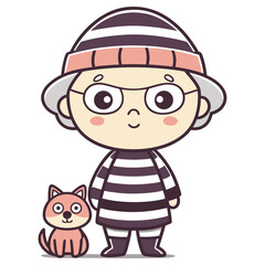 Cartoon prisoner with stripped uniform and hat alongside cute dog on white