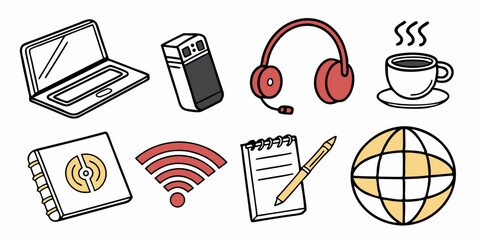 Doodle Style Office Work Icons: Laptop, Headphones, Coffee, Wifi, Notebook, Globe