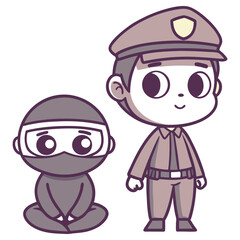 Cartoonish Policeman Standing Beside a Cartoonish Ninja Seated on White