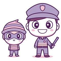 Cartoon Bandit in Mask with Striped Shirt and Smiling Policeman with Baton