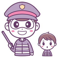 Cartoon Asian Traffic Policeman Holds Baton Directs Boy on White Background