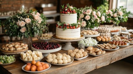 Elegant dessert table adorned with a tiered cake and assorted pastries, set in a rustic venue