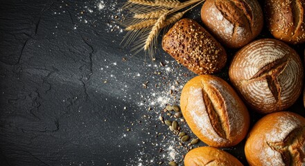 Artisanal Breads Overhead Shot: Baguettes, Rye, Sourdough, Brioche Arrangement