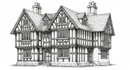 Fototapeta premium Black and White Line Art Tudor House