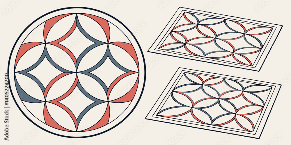 Poster decorative geometric red and blue interlocking circles pattern tile fabric design element round, squ