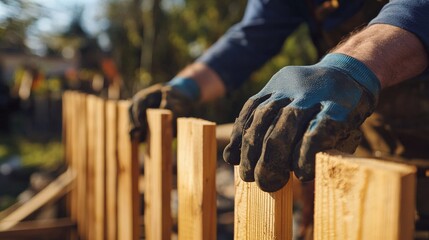 Carpenter constructing wooden fence. Featuring carpentry work and fence building