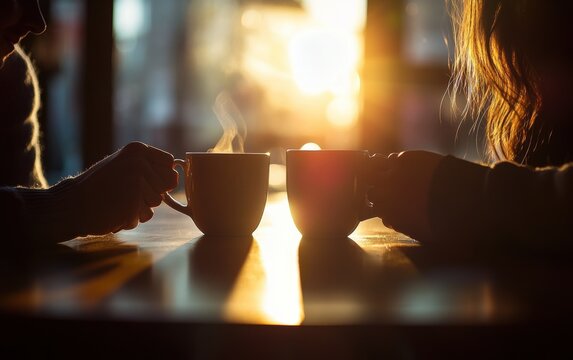 Warm coffee and conversation shared by two people.