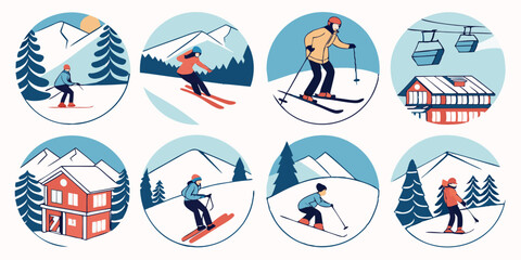 Flat Round Snowy Winter Skiing Icons