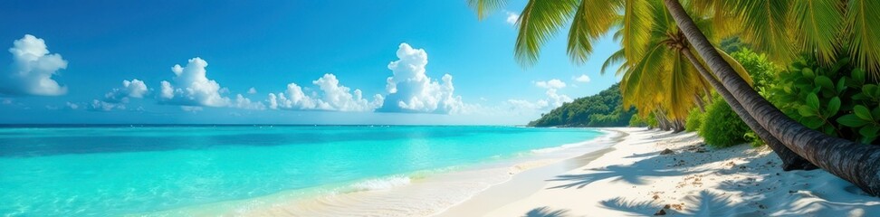 Sun-drenched beach, turquoise ocean, palm trees, travelphotography, stunning