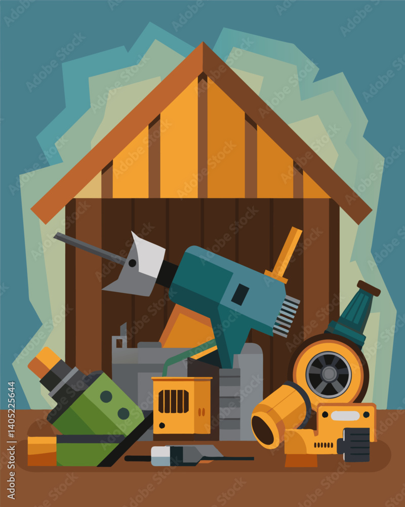 Poster a pile of broken and outdated power tools rusted and useless in the corner of a neglected shed.. vec
