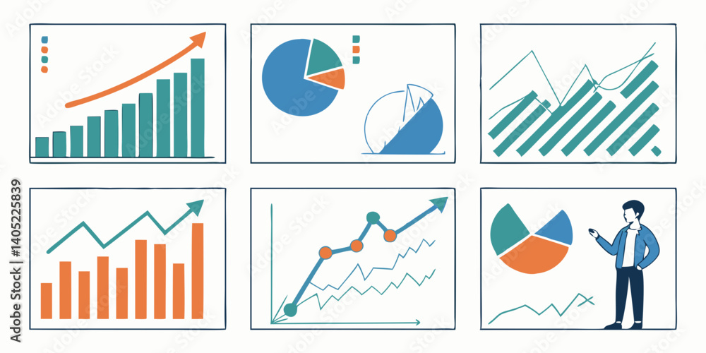 Aufkleber flat design business data analytics charts & graphs vector set