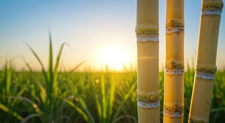 Golden hour over sugarcane plantation, with a close-up of vibrant yellow stalks