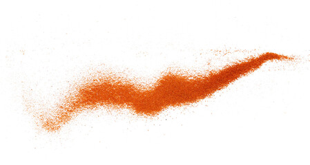  Spicy chili red pepper, milled dry paprika pile flying, isolated on white