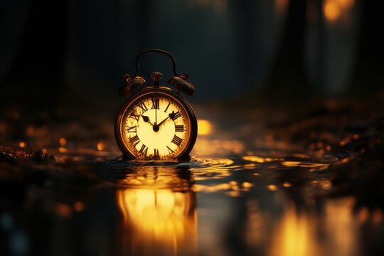 Antique alarm clock submerged in a puddle, illuminated by ethereal light. - Powered by Adobe