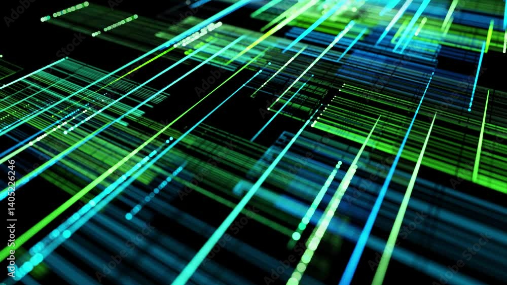 Poster info blue green concept. vj loop hologram abstract background with light grid, neon lines and dots, 