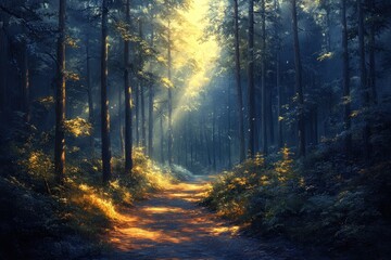 Fototapeta premium Sunlit path in a misty forest