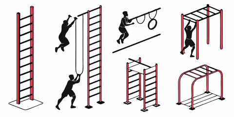Isometric Vector Illustration: Outdoor Fitness Park Playground Gym Equipment, Ladders, Monkey Bars, Rings, Figures for Calisthenics Workout Training