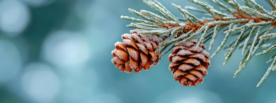 Close-up of two pinecones on a frosty evergreen branch