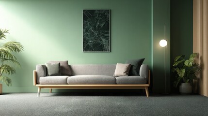 Modern living room with a grey sofa, green walls, and floor lamp.