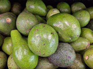 Pile of Green-Skinned Avocados, Close-Up Detail, Varied Textures, Fresh Produce.