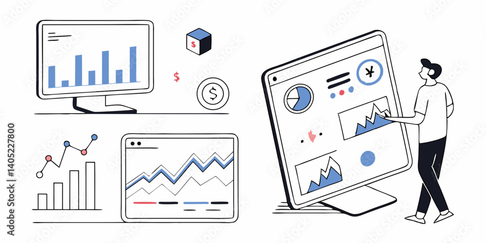Poster business data analysis charts graphs vector illustration person analyzing finance data on screen