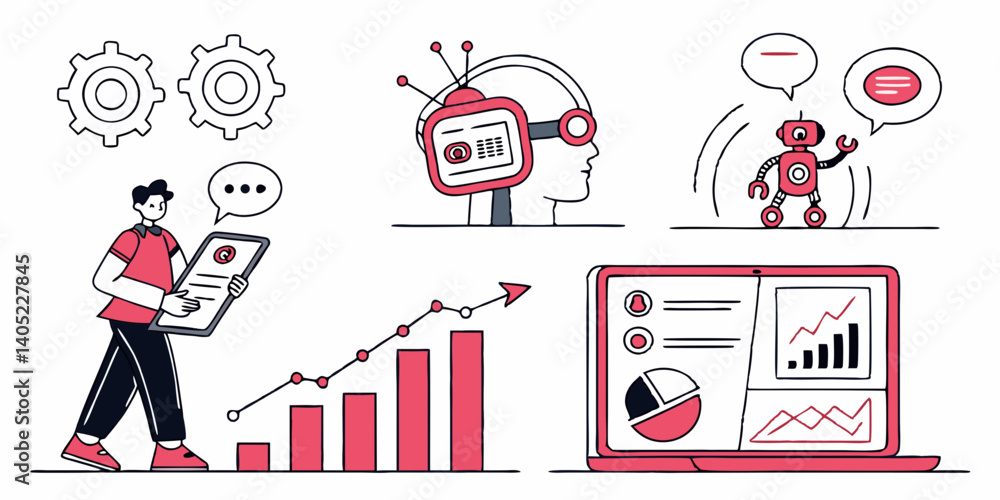 Poster digital transformation data analysis robot charts growth vector line art