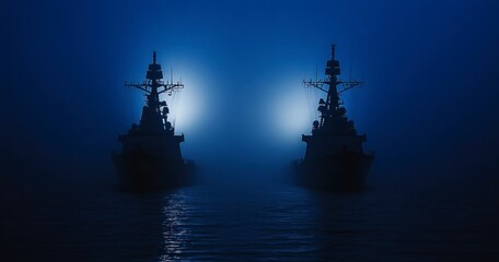 Naval Warships Sailing Through Fog at Night with Lights