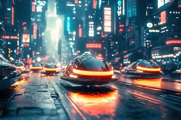 Futuristic cityscape teeming with hovercrafts.