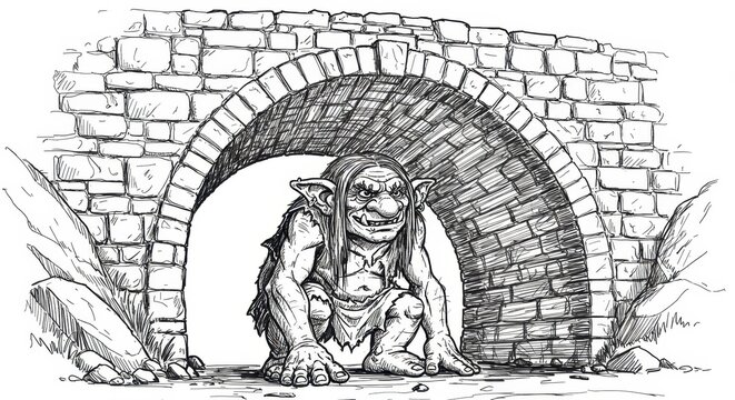 Black and White Sketch of a Troll Under a Bridge