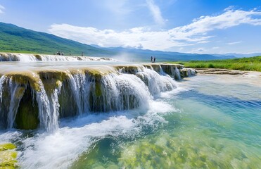 Fototapeta premium A waterfall with a group of people standing in front of it