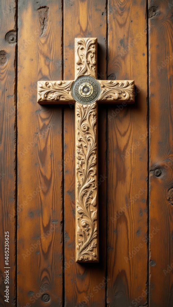 Poster this is a photograph of an intricately carved christian cross on display against a wooden background