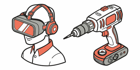 Detailed Cartoon Line Art Image VR Headset Power Drill Tech Construction